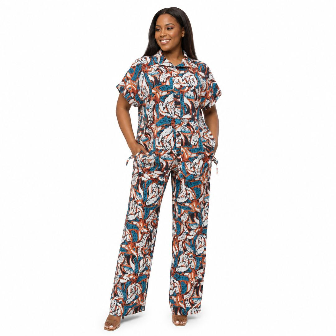 Womens Abstract Print Two Piece Shirt and Trouser CoOrd Set