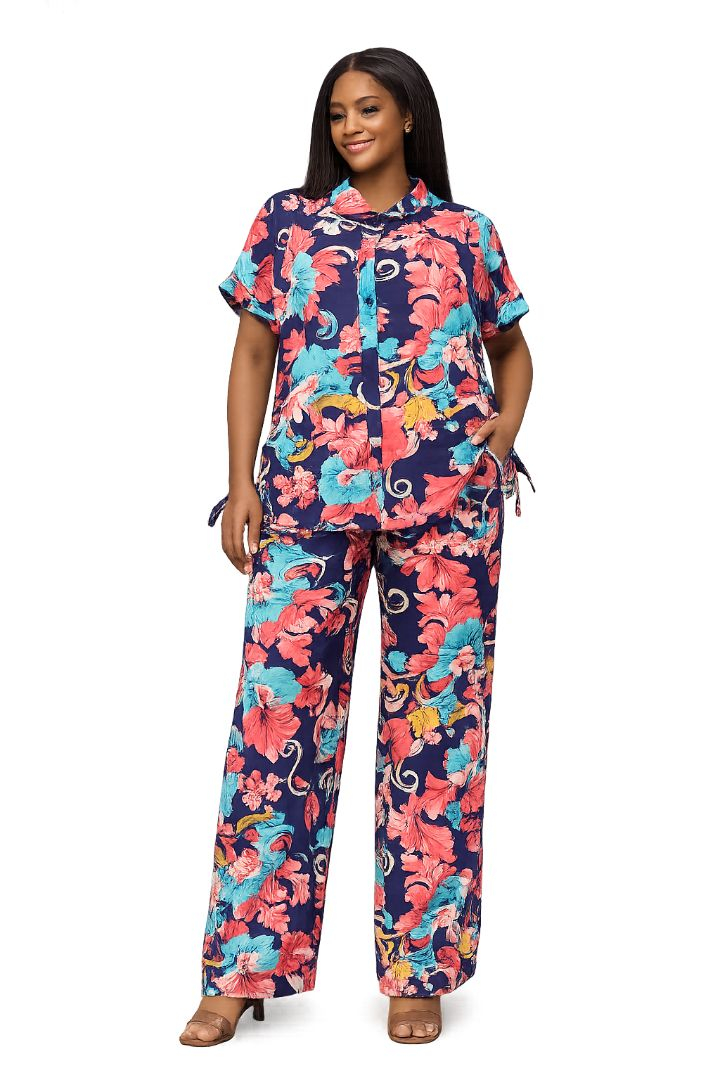 Womens Floral Print Two Piece Shirt and Trouser CoOrd Set