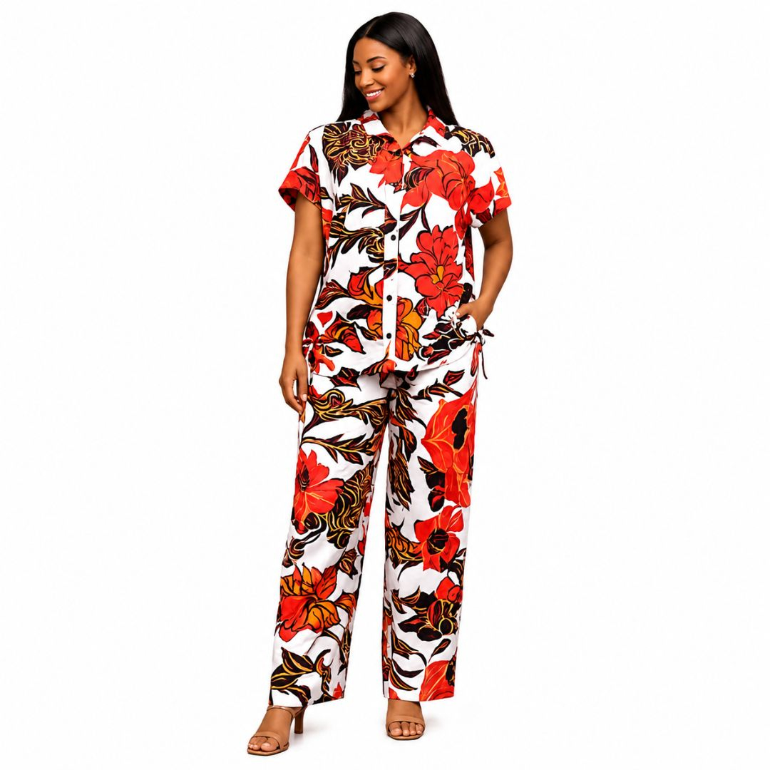 Womens Coral Blossom Abstract Floral Two Piece Set