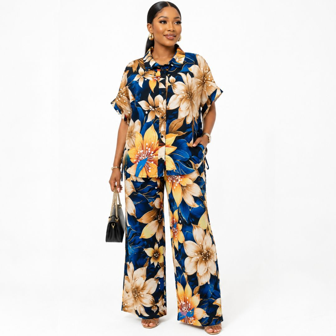 Womens Floral Print Two Piece Shirt and Wide Leg Trouser Set