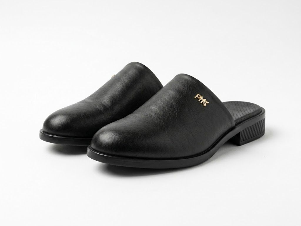 Mens Premium Black Slip On Mule Loafers with Metal Accent