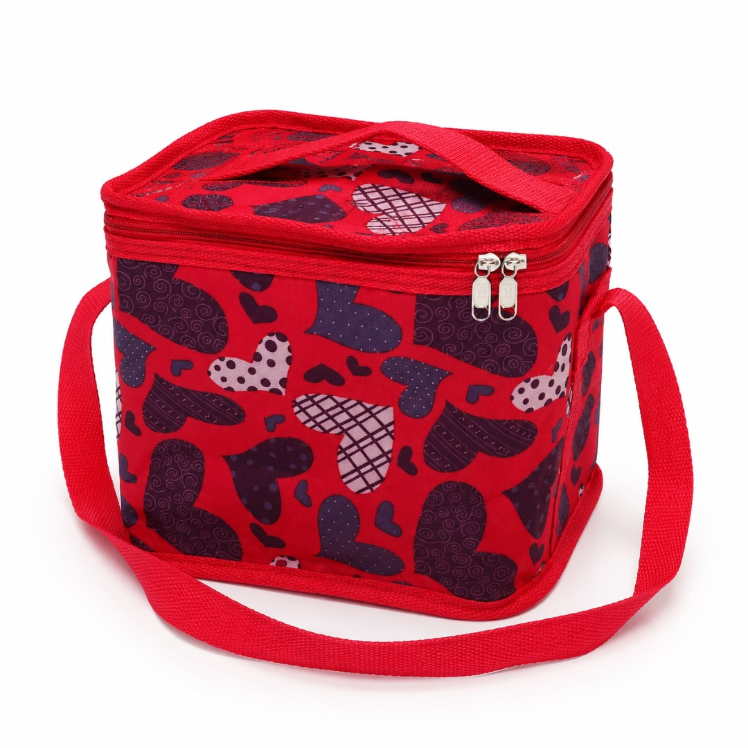 Insulated Heart Print Lunch Bag with Shoulder Strap     Red