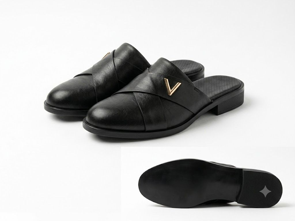 Mens Premium Black Slip On Mule Loafers with Metal V Accent