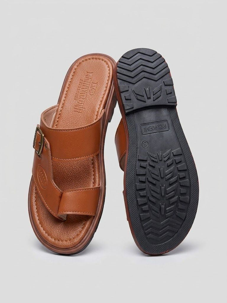 Mens Premium Brown Double Strap SlipOn Comfort Sandals with Adjustable Buckle