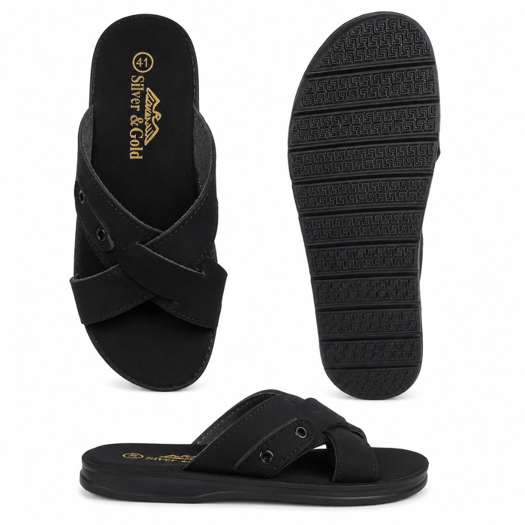 Mens Silver & Gold Black Cross Strap Slide Sandals