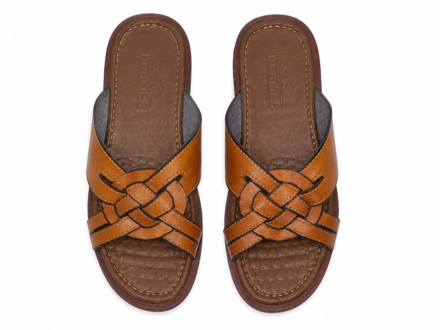 Mens Brown Woven Cross Strap Slide Sandals