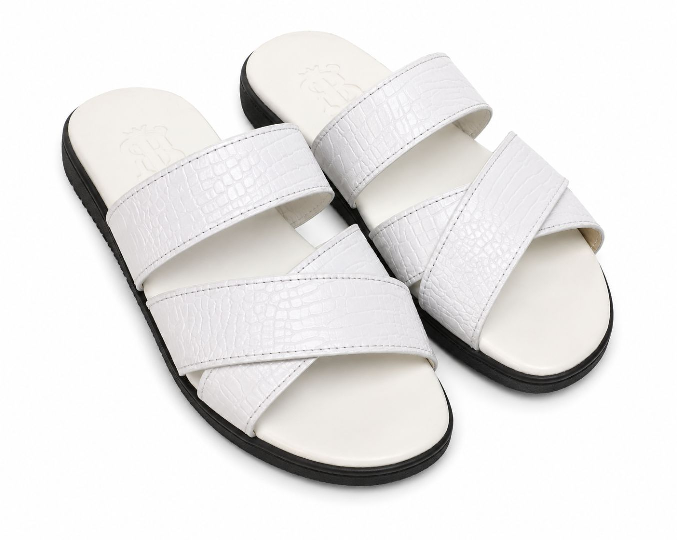 White Crocodilen Texture Double Cross Strap Slide Sandals