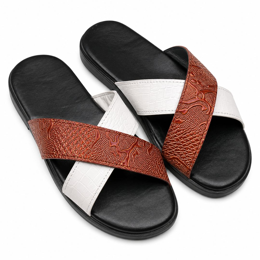 Mens Brown and White Cross Strap Slide Sandals
