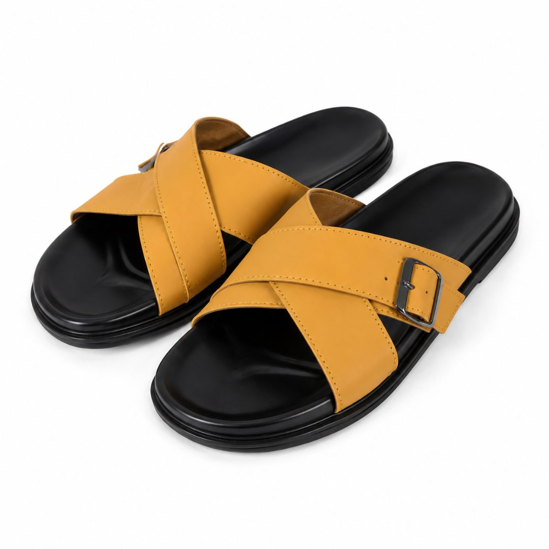 Mens Tan Cross Strap Slip On Comfort Sandals