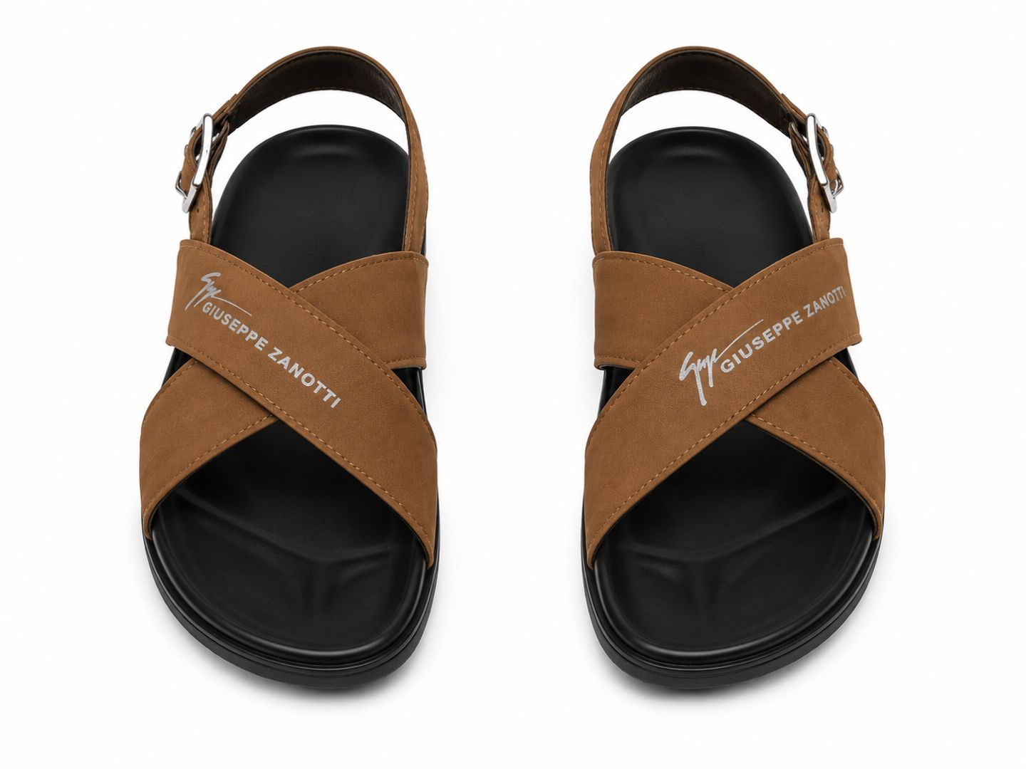 Mens Brown Cross Strap Buckle Slide Sandals