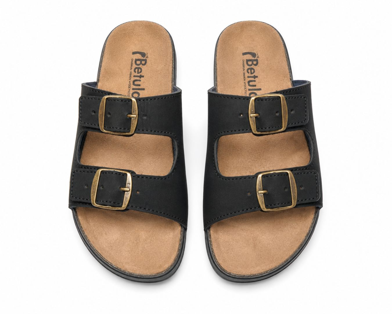 Mens Black Double Buckle Comfort Slide Sandals
