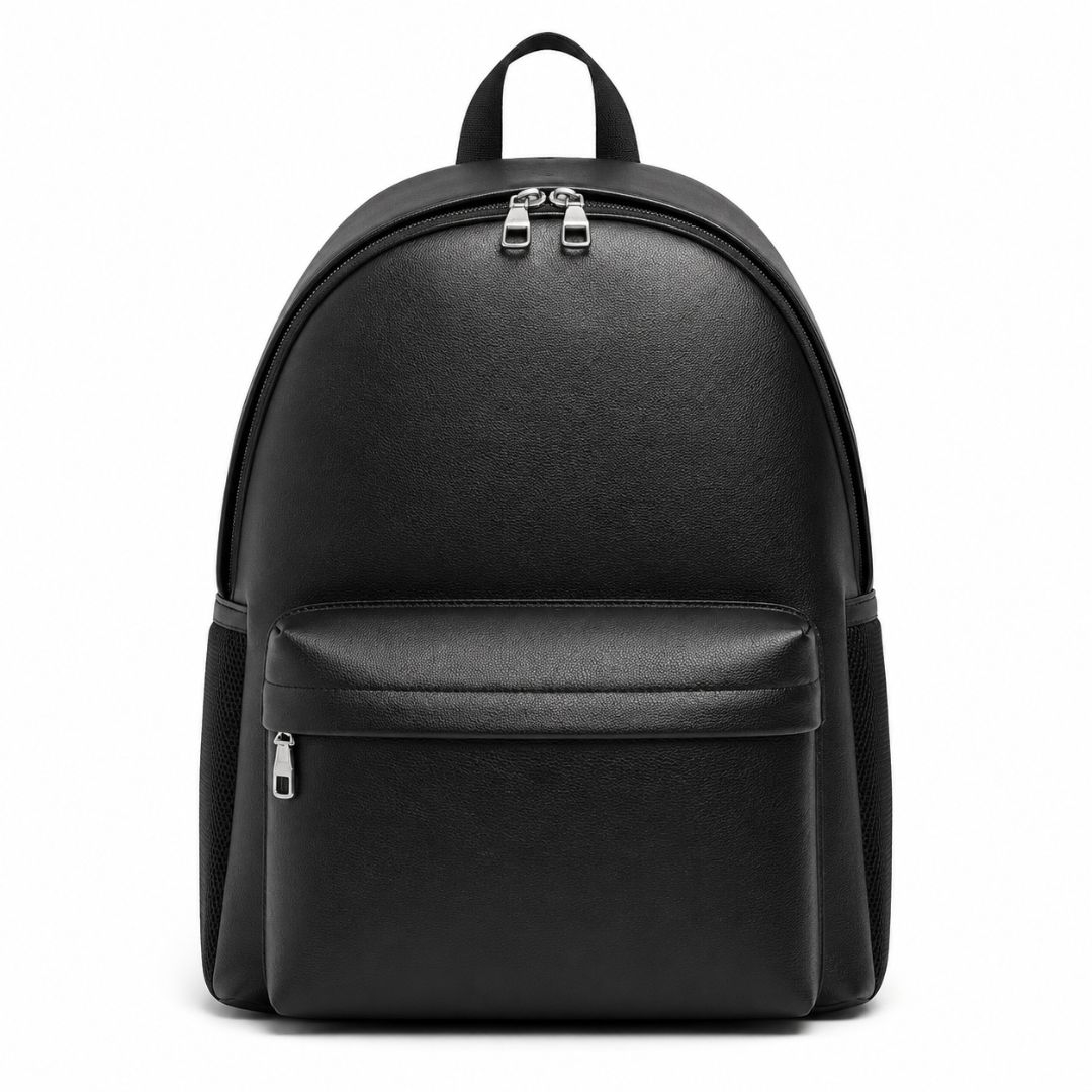 Unisex Sleek Black Embossed Monogram Backpack with Glossy Finish