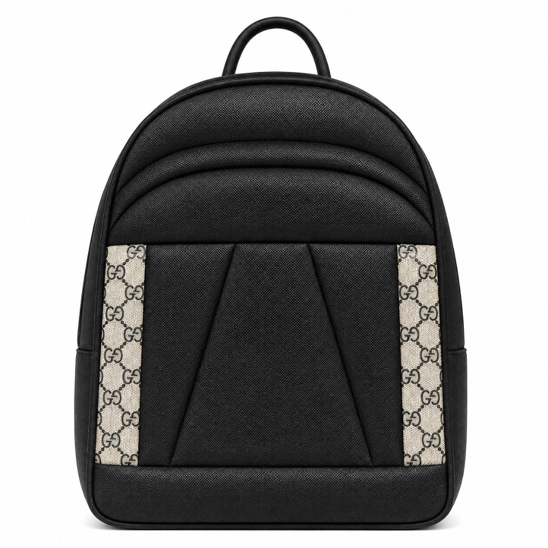 Unisex Black Padded Backpack with Geometric Design and Monogram Side Trim