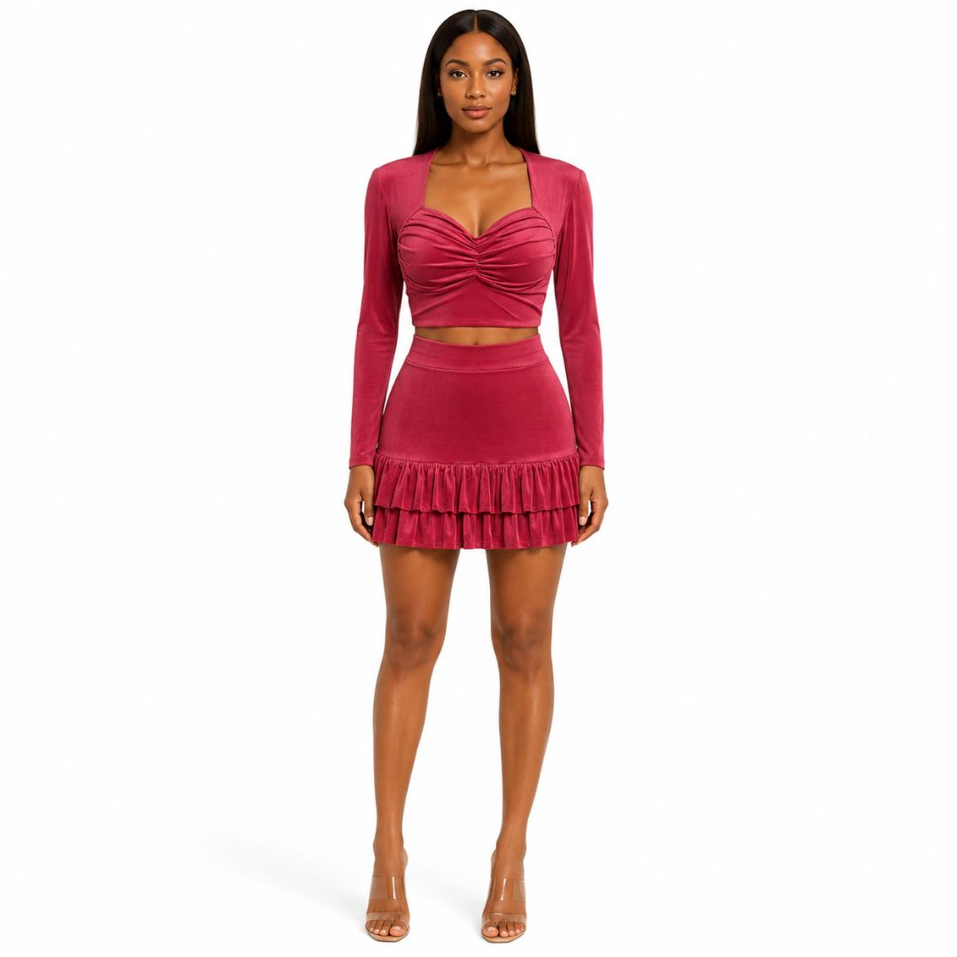 Red Womens TwoPiece Dress with Ruffled Skirt