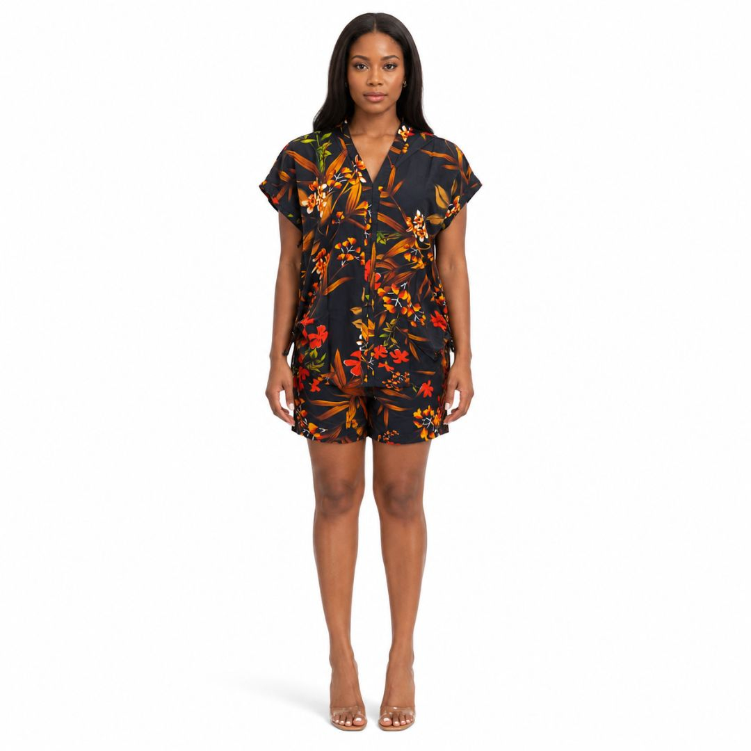 Black Tropical Floral Two Piece Shorts Set