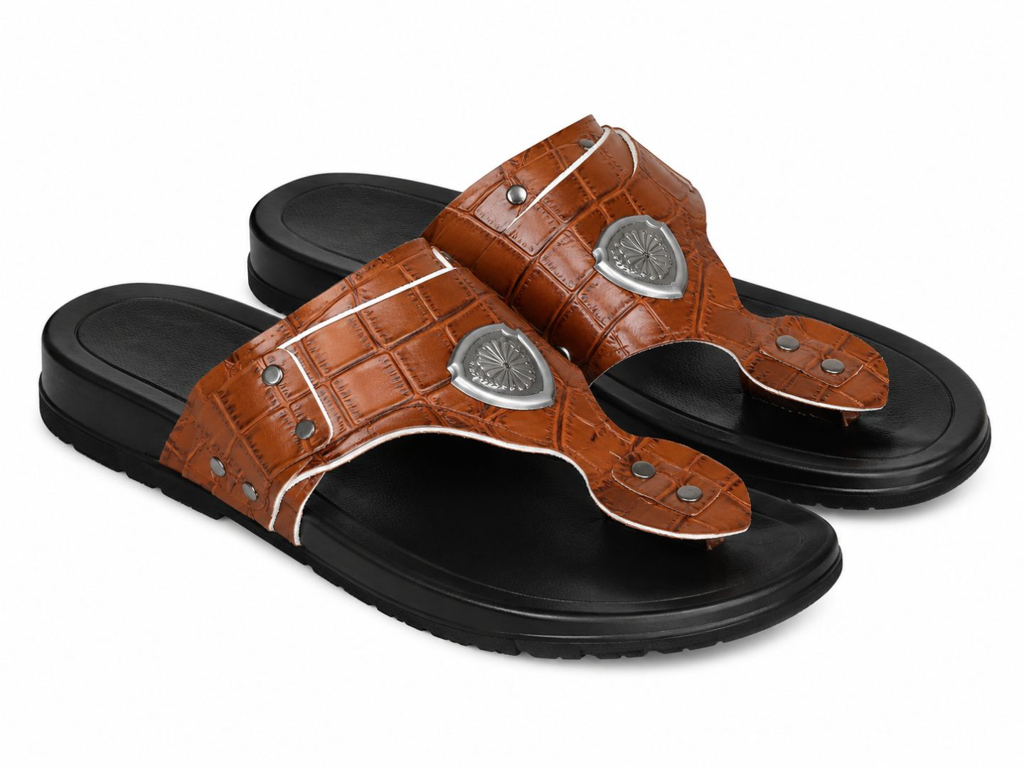 Mens Brown Crocodile Texture Toe Ring Leather Slide Sandals