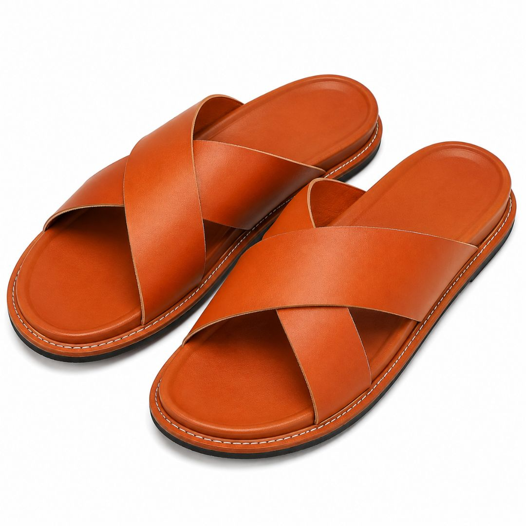 Mens Premium Cross Strap Leather Slide Sandals