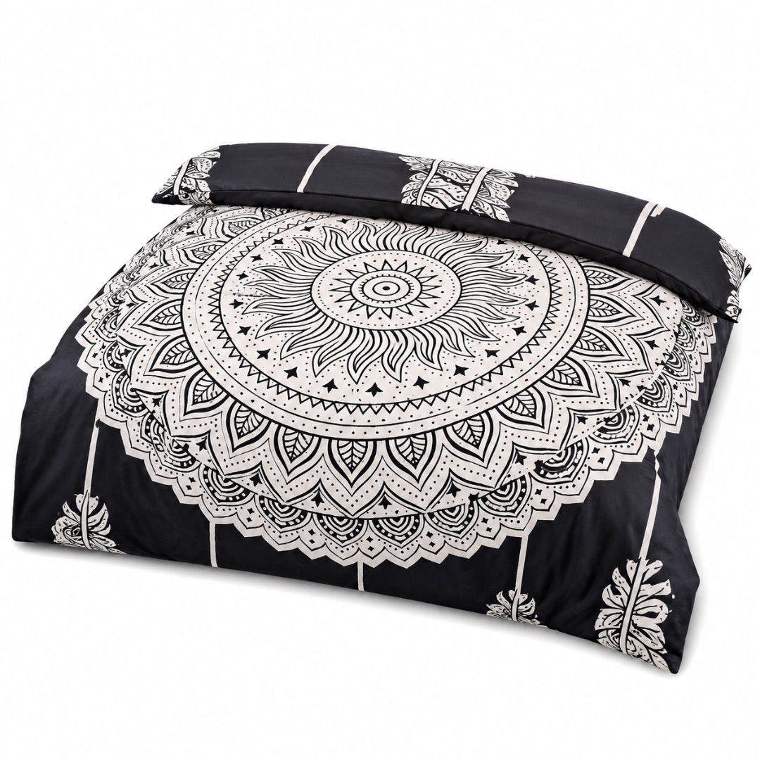 Premium 7 by 6 Mandala Print Duvet Set     Black and White