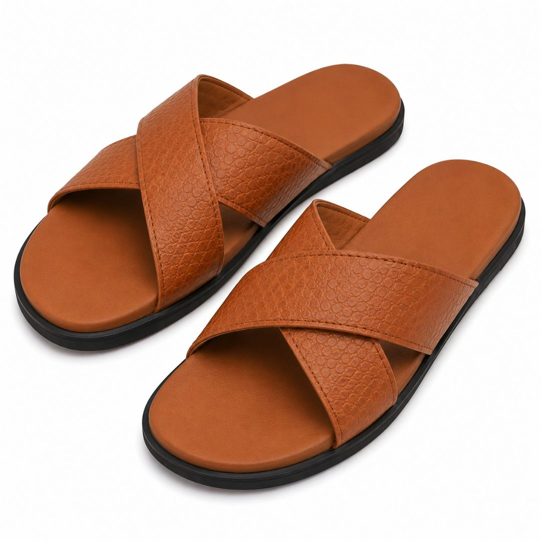 Mens Premium Cross Strap Textured Slide Sandals