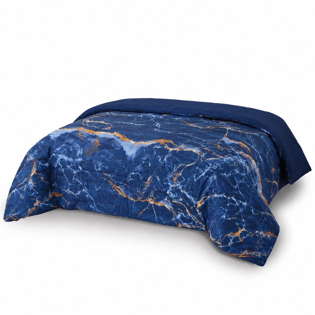 Premium 7 by 6 Marble Print Quilted Duvet Set       Navy Blue and Gold