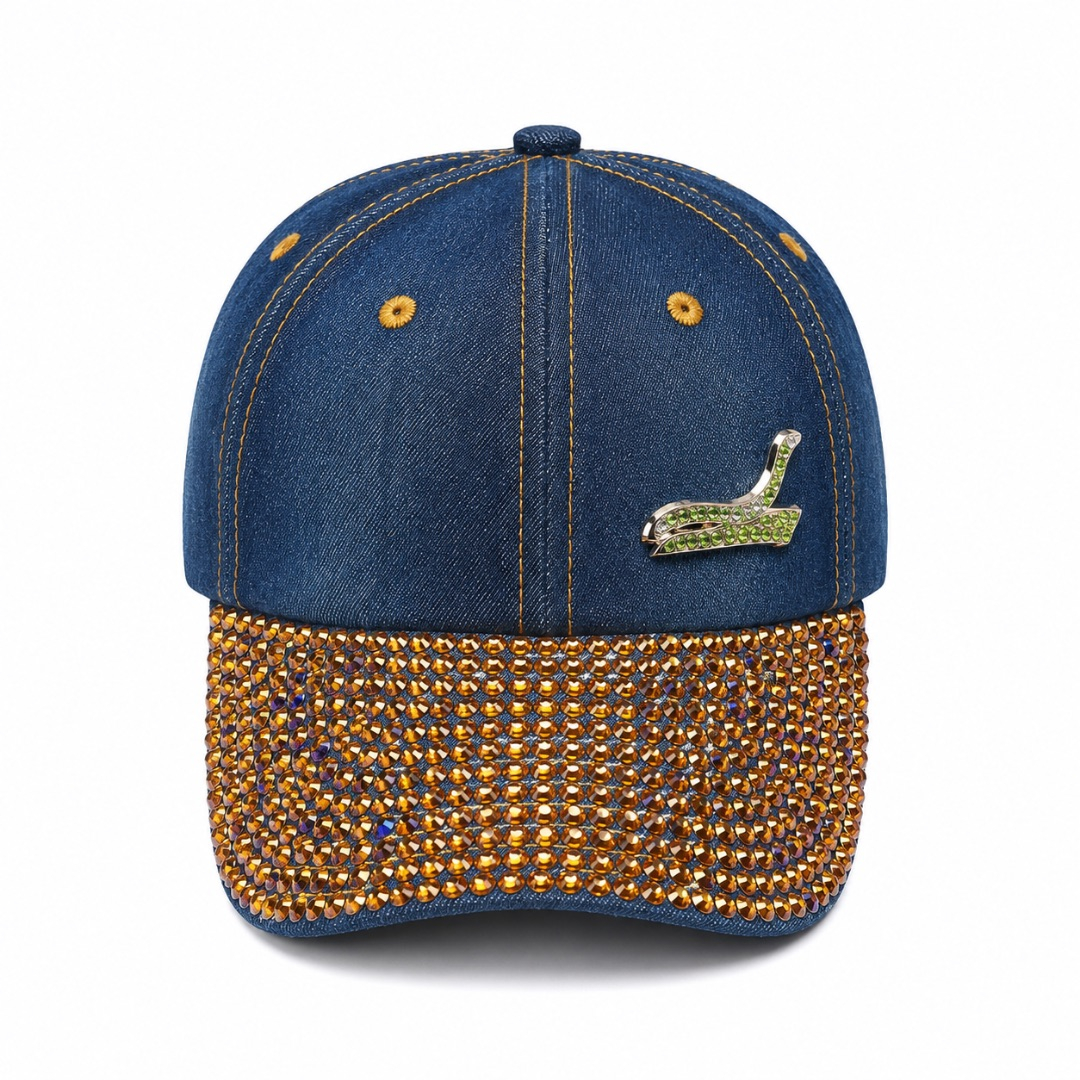 Premium Rhinestone Denim Baseball Cap     Amber Crystal Brim