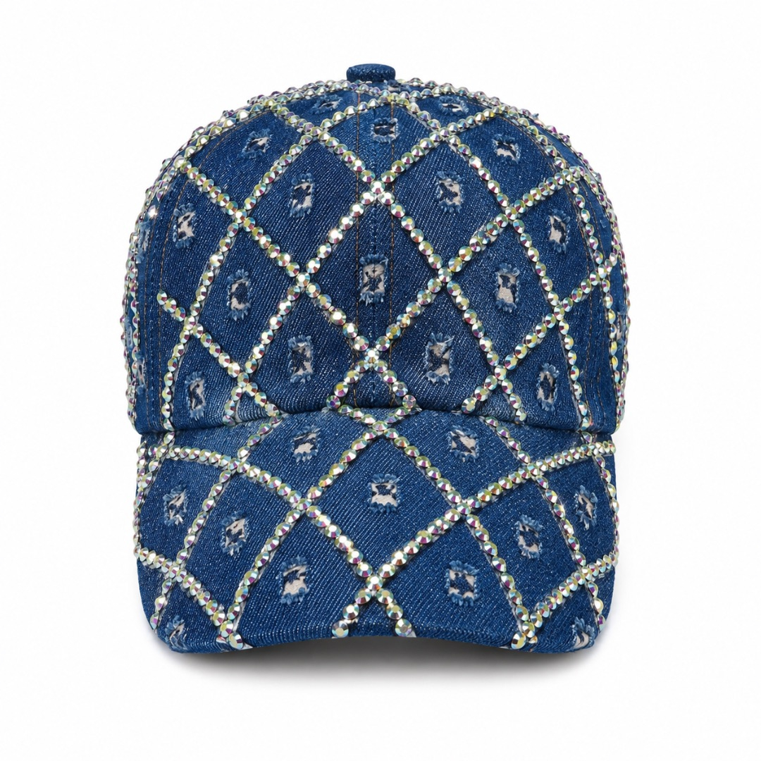 Premium Rhinestone Denim Baseball Cap     Diamond Pattern