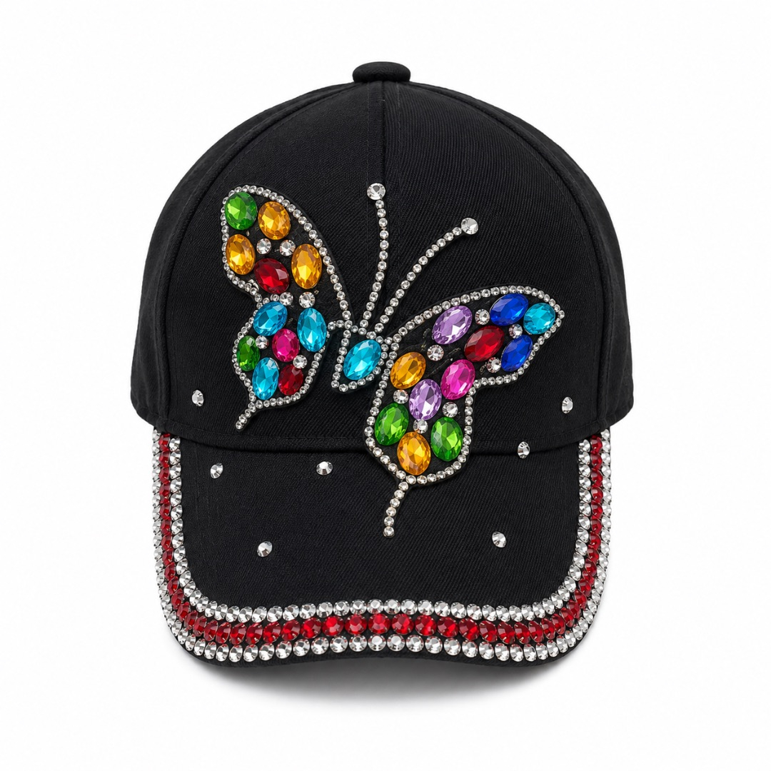 Premium Rhinestone Butterfly Baseball Cap     Black Multicolor