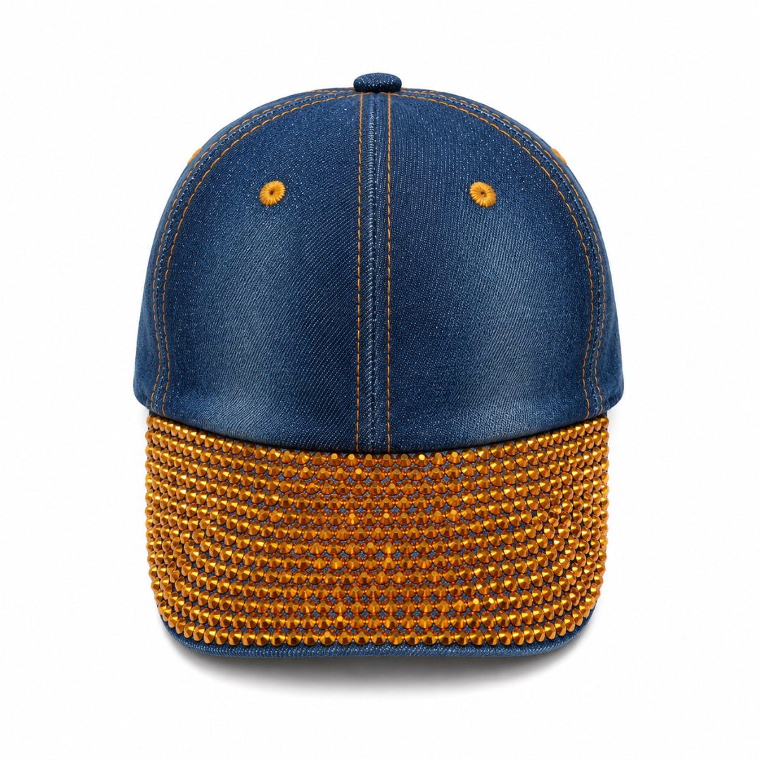 Premium Rhinestone  Denim Baseball Cap     Amber Crystal Brim