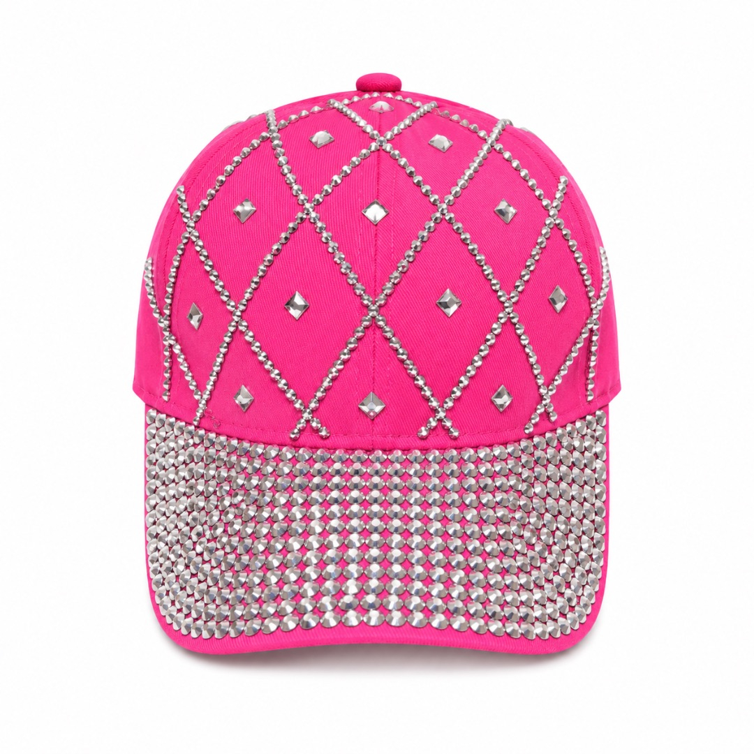 Premium Rhinestone Baseball Cap     Hot Pink and Silver