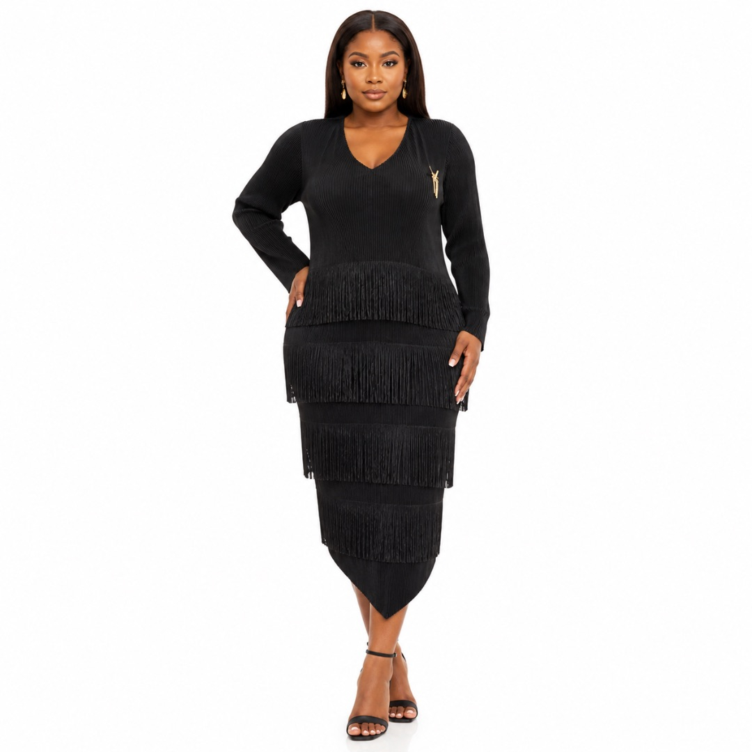 Premium Womens Black Fringe Knit Midi Dress