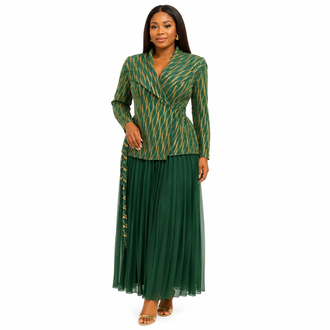 Premium Womens Green Wrap Style Pleated Maxi Dress