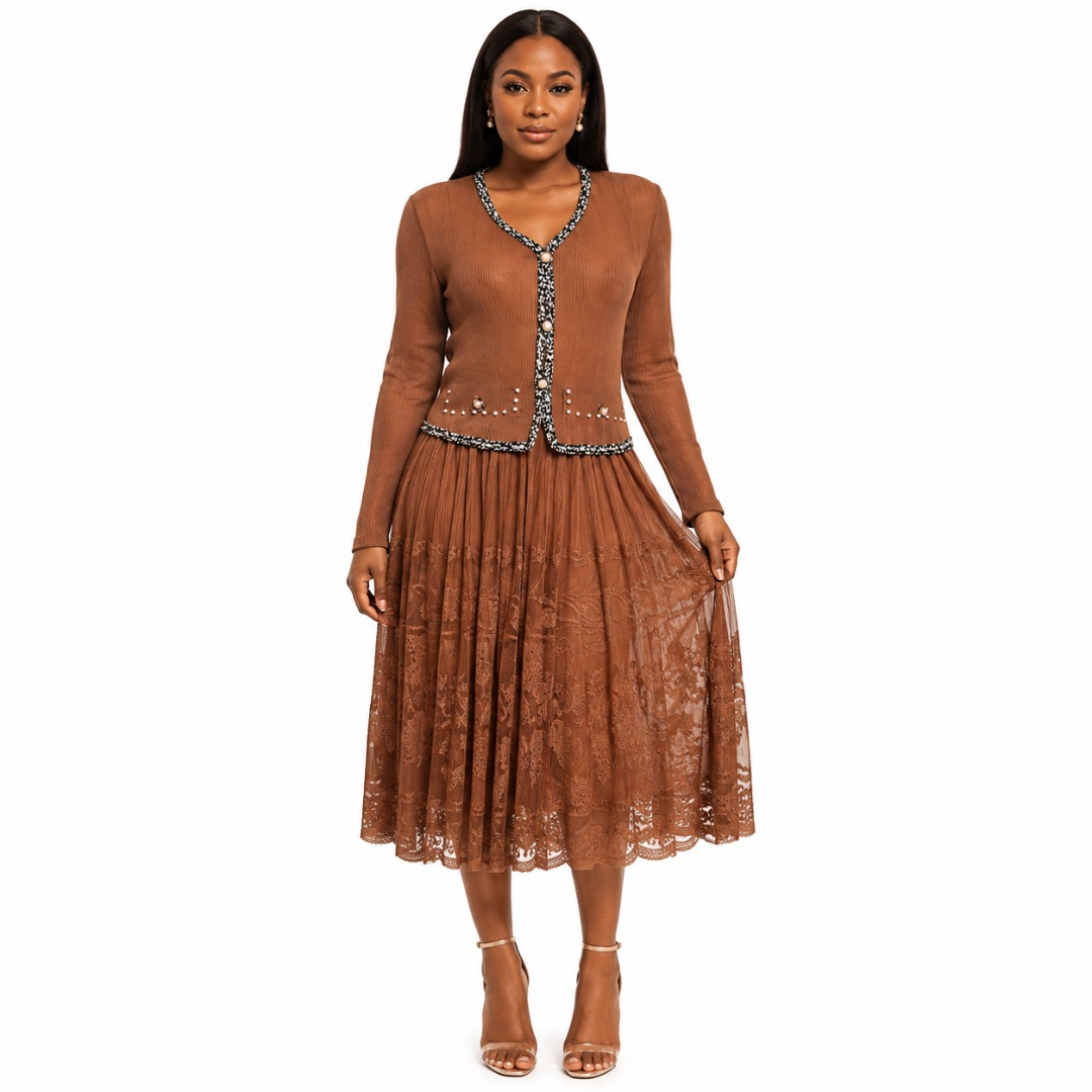 Premium Womens Brown Lace Pleated Midi Dress with Knit Jacket
