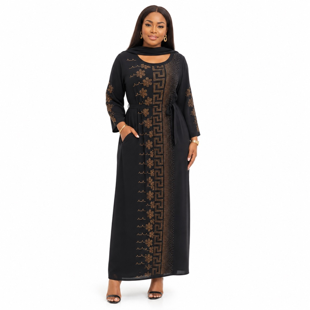 Premium Womens Black Embroidered Maxi Dress with Matching Scarf
