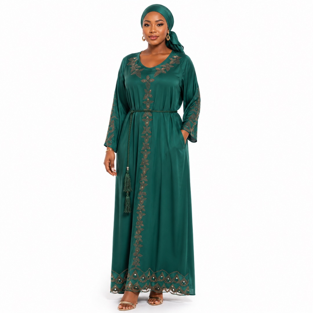 Premium Womens Emerald Green Embroidered Maxi Kaftan Dress with Matching Headscarf