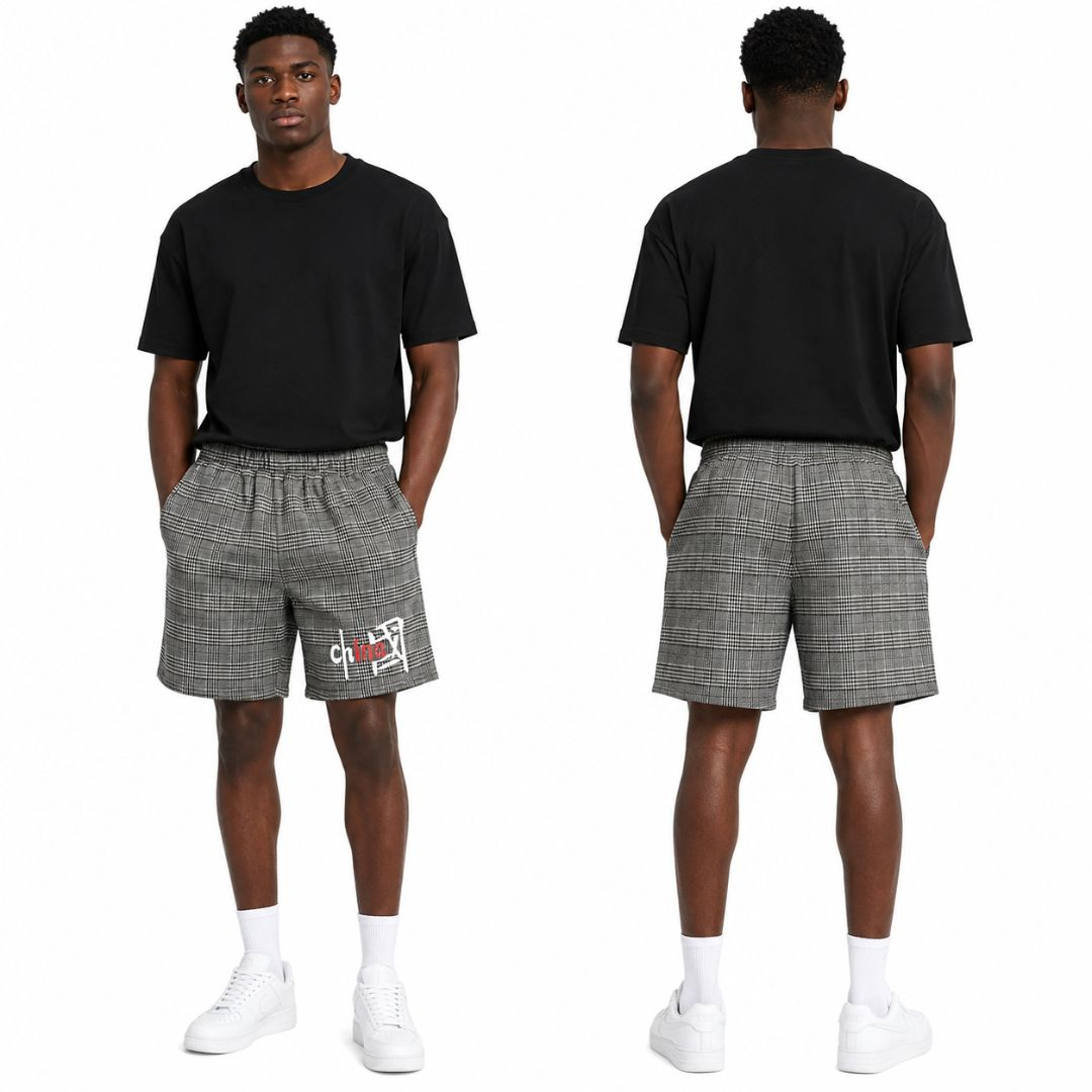 Unisex Grey Plaid Casual Drawstring Shorts