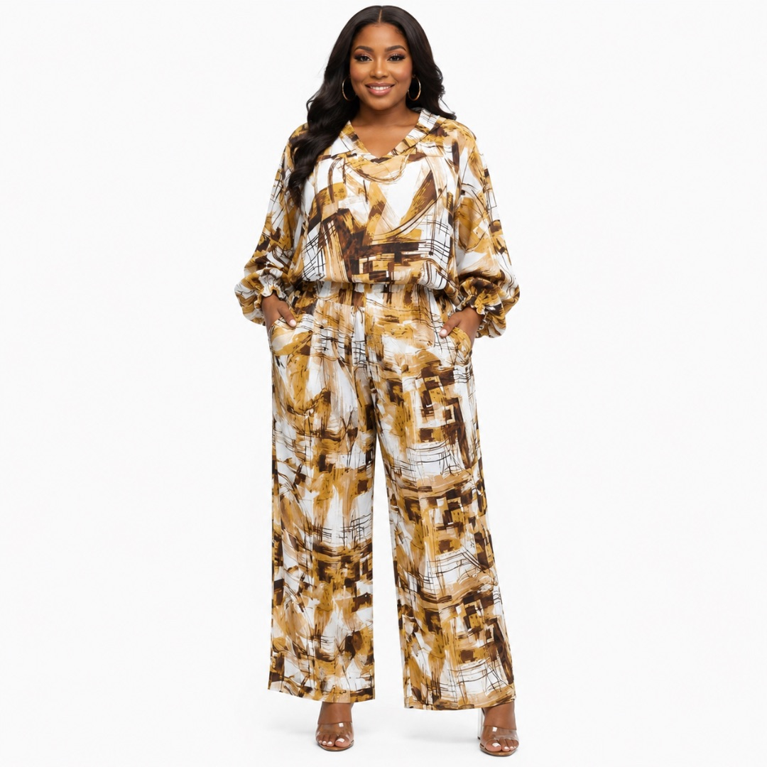 Womens Abstract Print Long Sleeve Blouse and Wide Leg Trouser Two Piece Set