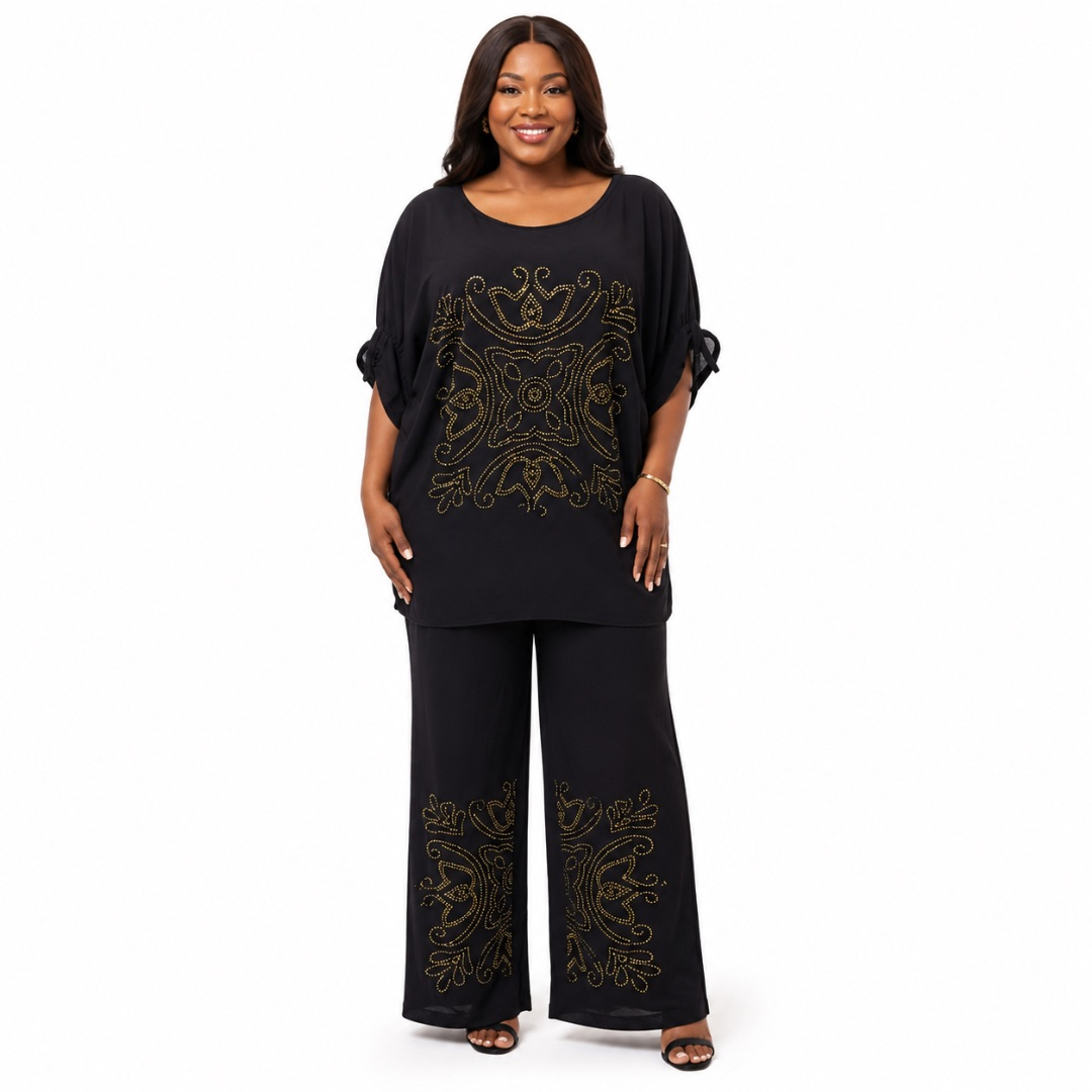 Womens Embellished Short Sleeve Tunic Top and Straight Leg Trouser Two Piece Set