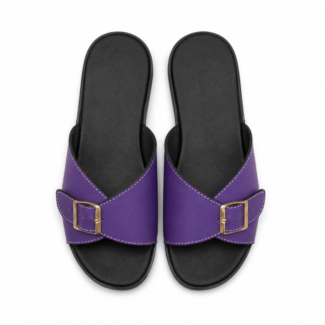 Womens Purple Cross Strap Buckle Flat Slide Sandals