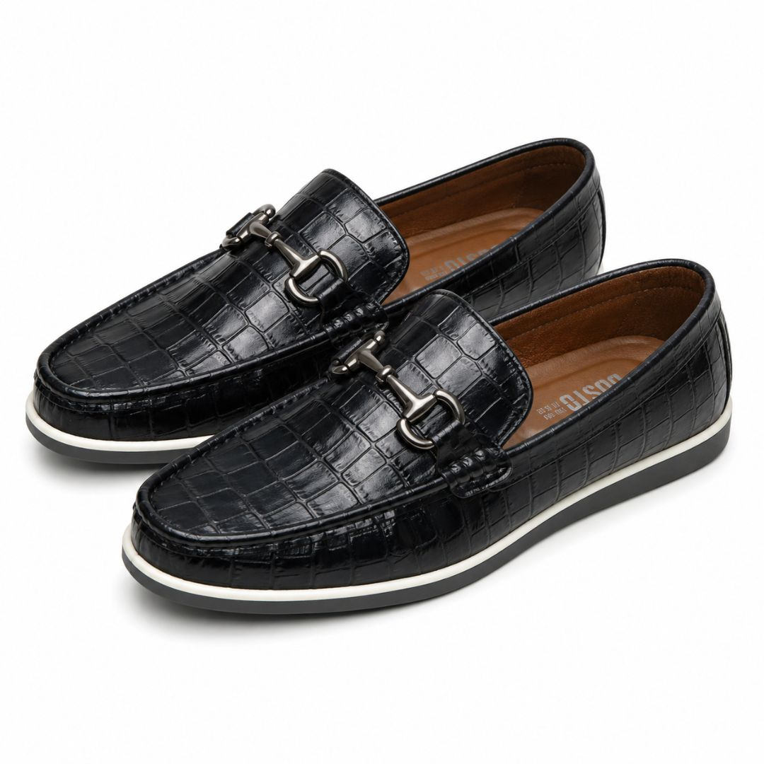 Mens Black Crocodile Texture Bit Loafers