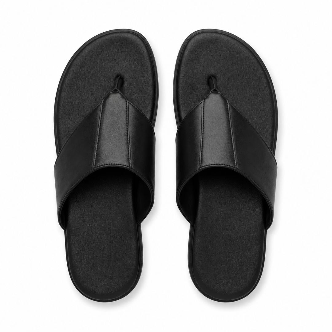 Mens Black Toe Loop Slide Sandals with Metal Logo Accent