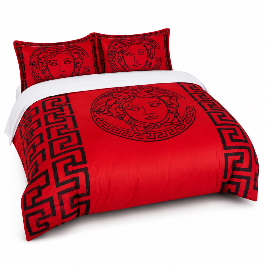 Premium 6 by 6 Designer Duvet Set      Red and Black Greek Key Pattern