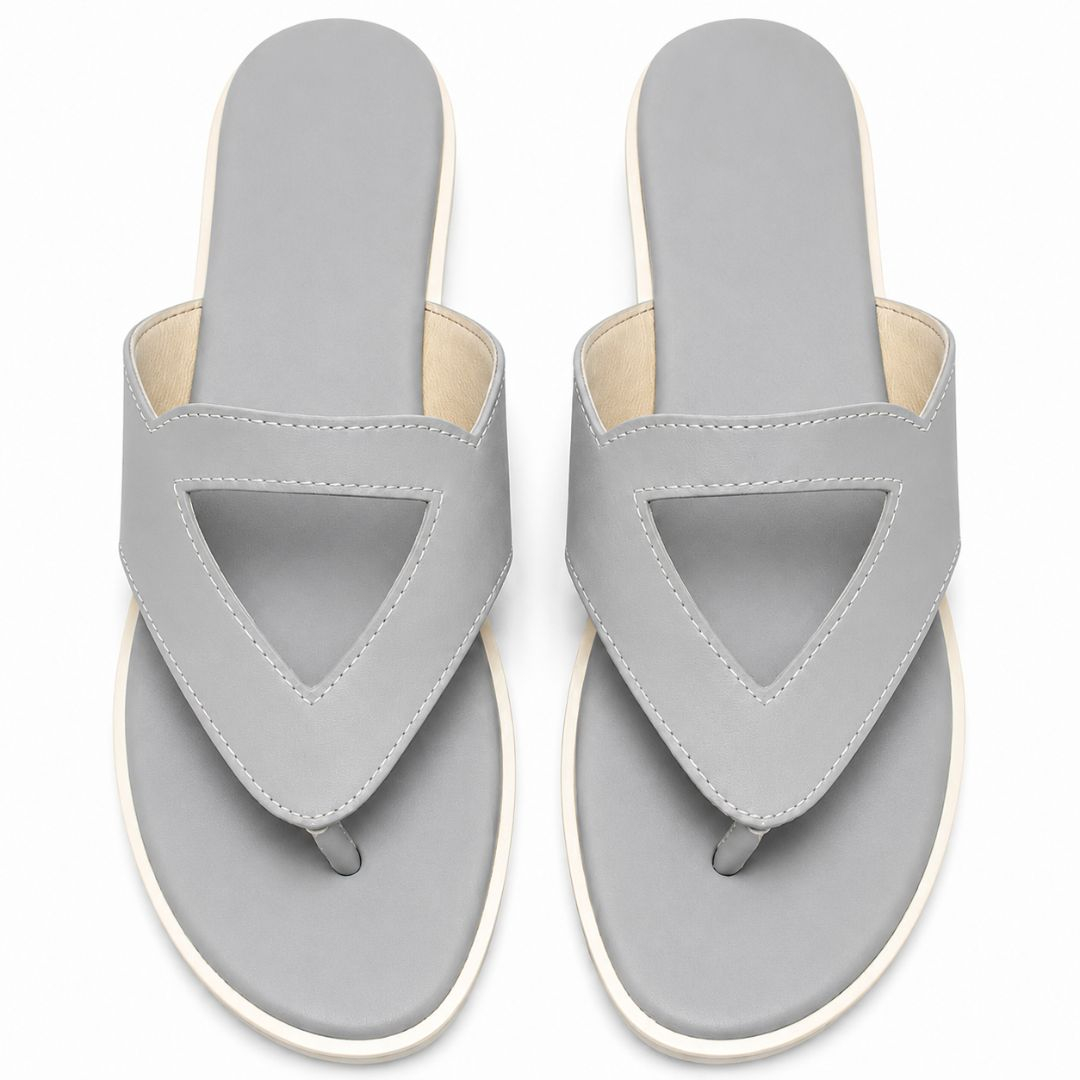 Womens White V Strap Flat Slide Sandals with Decorative Metal Accent