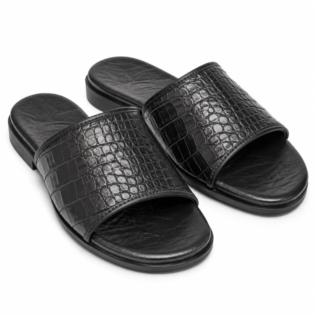 Premium Black Crocodile Embossed Mens Slide Slippers