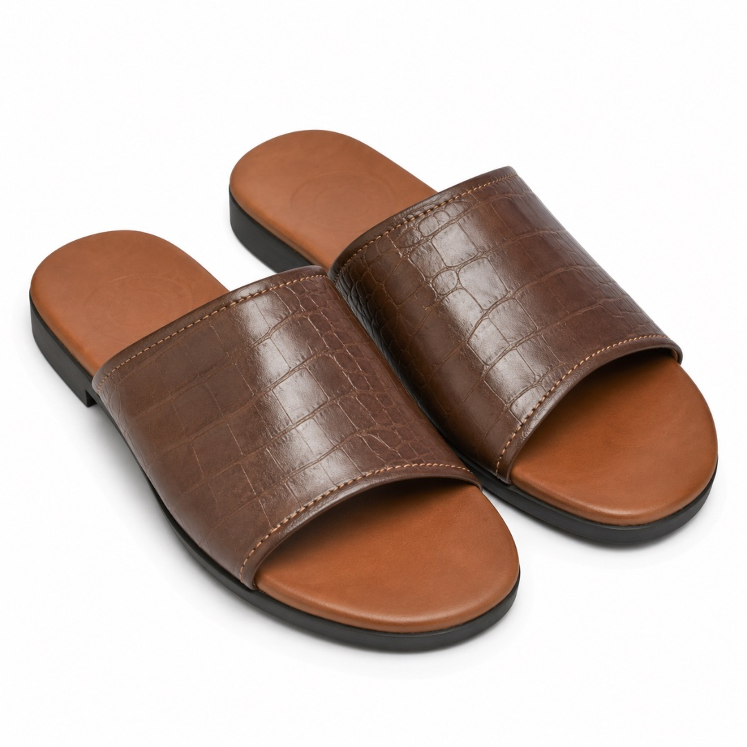 Premium Brown  Crocodile Embossed Mens Slide Slippers