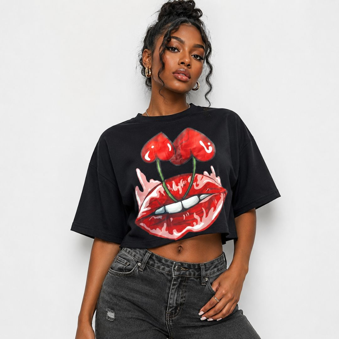 Womens Sweet Cherry Lips Graphic Oversized Crop T Shirt