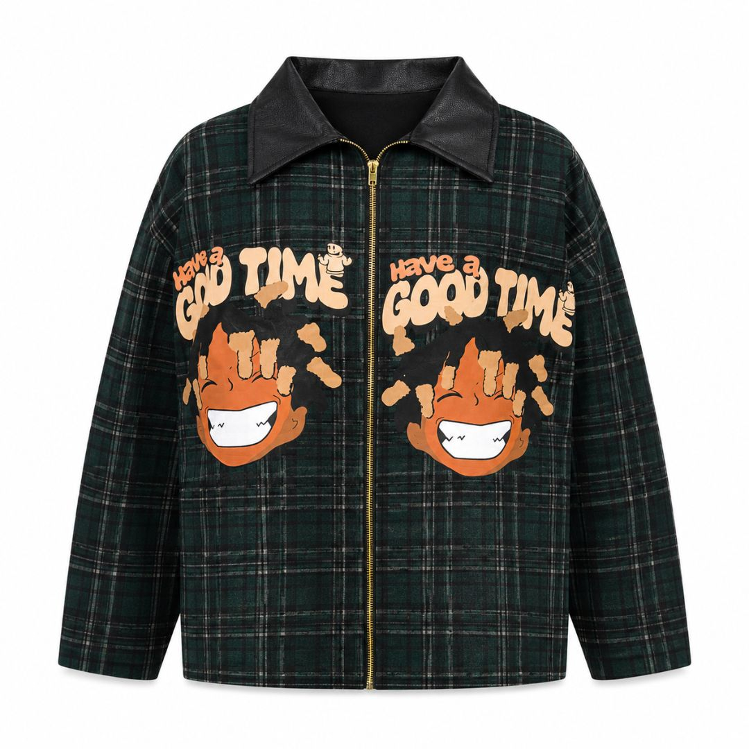Unisex Urban Plaid Anime Graphic Zip Up Jacket
