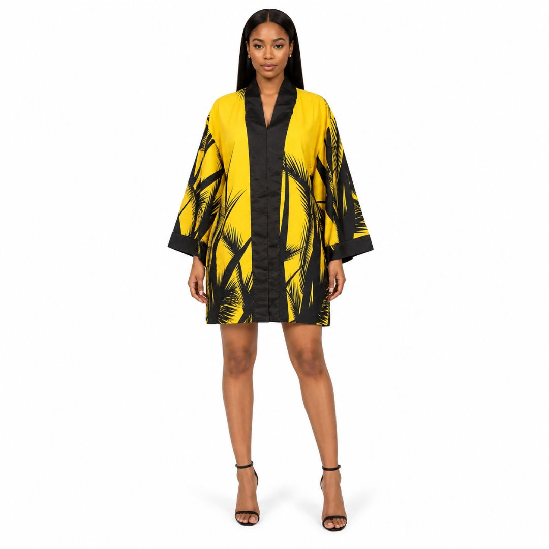 Vintage Yellow Palm Print Shirt Dress