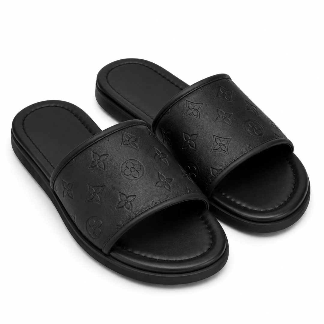 Premium Black Monogram Mens Slide Slippers