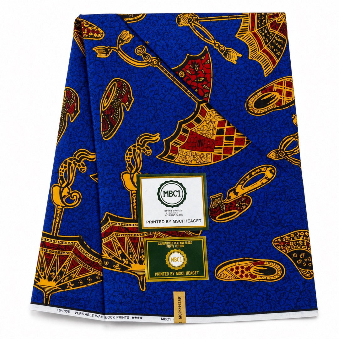 6 Yards of MBCI Holland Royal Blue Printed Ankara Fabric with Umbrella and Hat Design 12 Yards