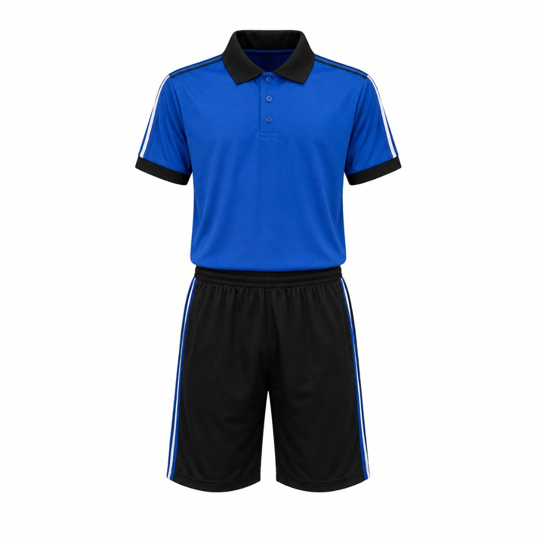 Kids Two Piece Royal Blue Polo Shirt and Black Shorts sports set